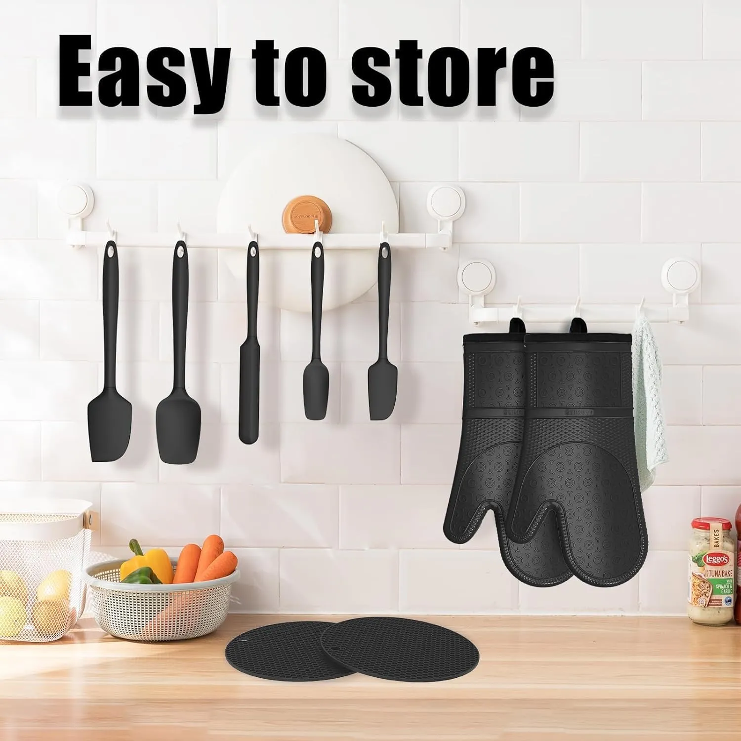 Oven Mitts with Heat-Resistant Hot Pads and Five Silicone Spatulas Designed for Kitchen Baking Cooking, Oven Glove Soft Cotton Lining, Waterproof, BPA-Free (Black& Trivet, 12.6)