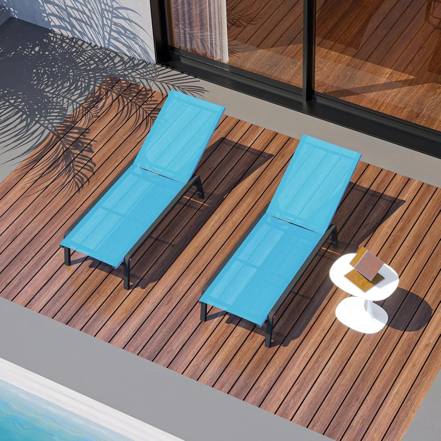 Patio Chaise Lounge Set of 2 with 4 Adjustable Backrest, Foldable Aluminum Chaise Lounge Chair Recliner for Outdoor, Poolside, Sun Tanning Blue