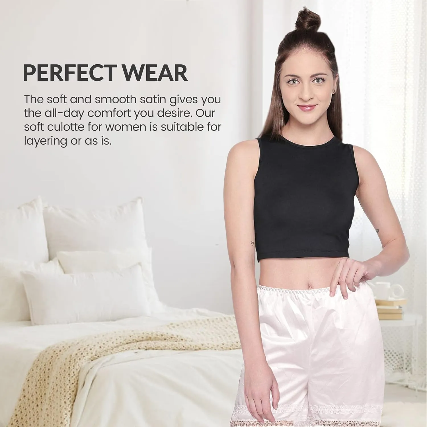 Patricia Lingerie Women's Soft Polyester Satin Half Slips Cullotte Short Pettipant with Elastic Waistband and Lace Trim
