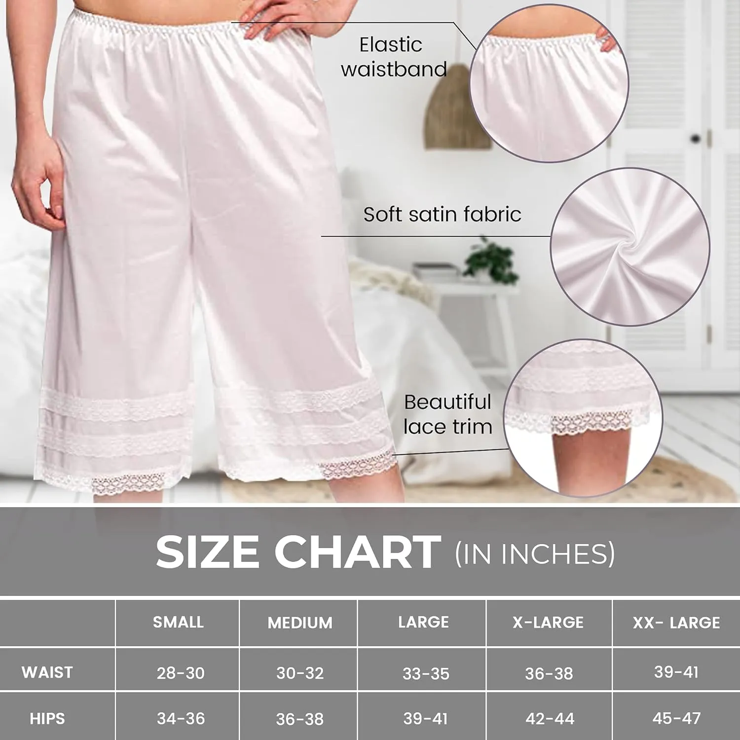 Patricia Lingerie Women's Soft Polyester Satin Half Slips Cullotte Short Pettipant with Elastic Waistband and Lace Trim