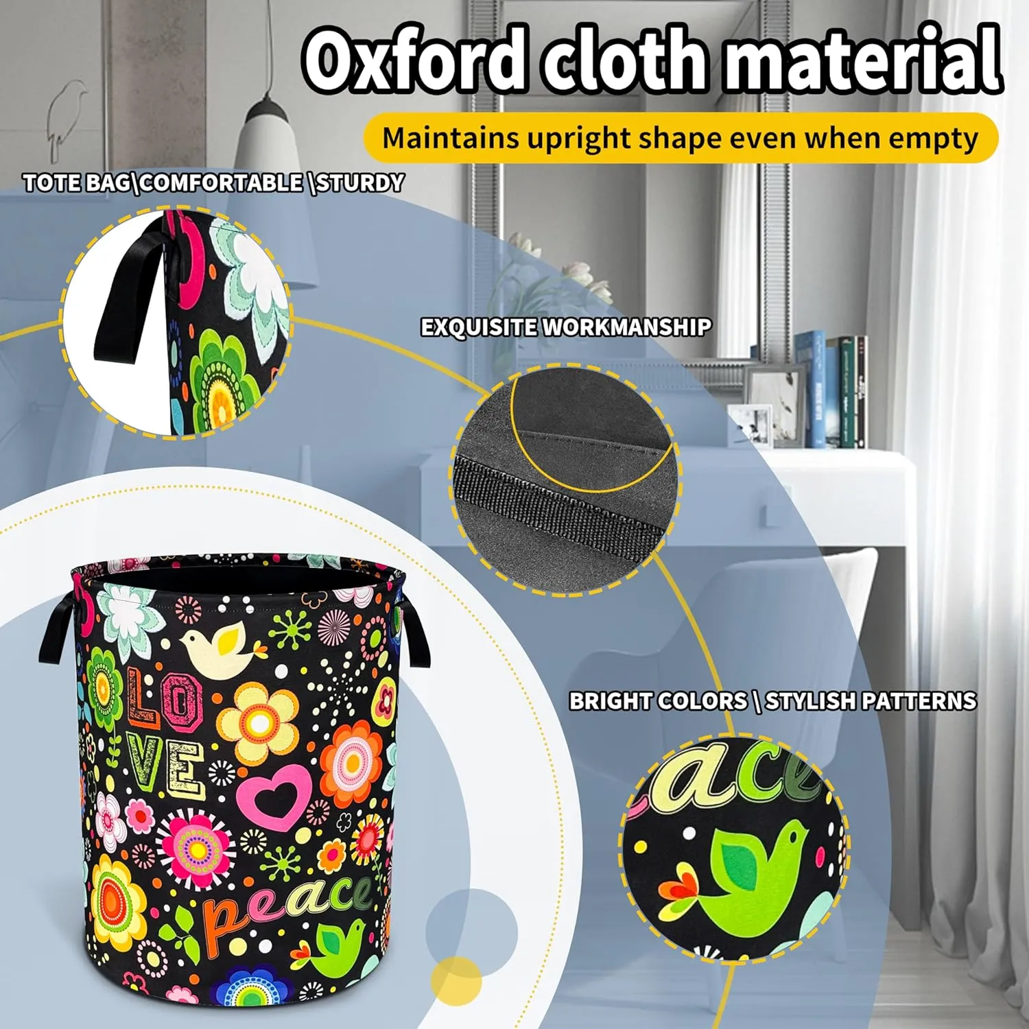 Peace Hippie Flower Laundry Basket Foldable Oxford Cloth Funny Tote Bag Laundry Hamper Clothes Storage Bucket Toy Organizer For Bathroom/Laundry Storage/Bedroom 18.9x16.5 Inch