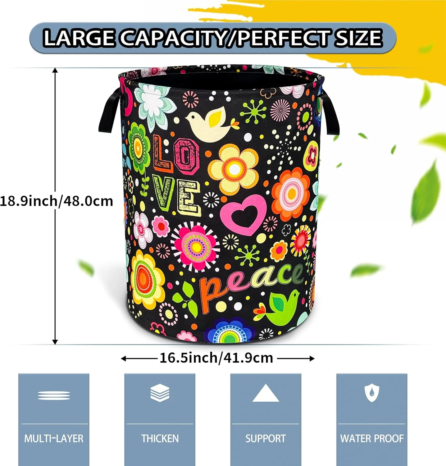 Peace Hippie Flower Laundry Basket Foldable Oxford Cloth Funny Tote Bag Laundry Hamper Clothes Storage Bucket Toy Organizer For Bathroom/Laundry Storage/Bedroom 18.9x16.5 Inch
