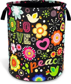 Peace Hippie Flower Laundry Basket Foldable Oxford Cloth Funny Tote Bag Laundry Hamper Clothes Storage Bucket Toy Organizer For Bathroom/Laundry Storage/Bedroom 18.9x16.5 Inch