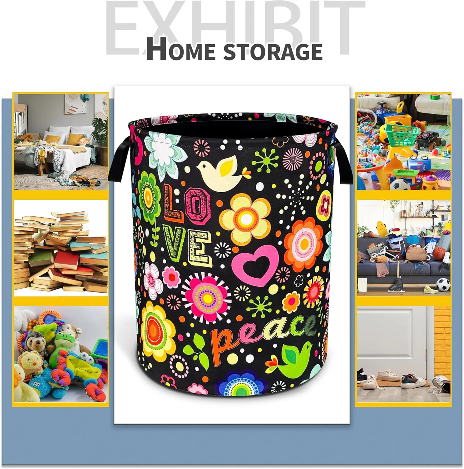 Peace Hippie Flower Laundry Basket Foldable Oxford Cloth Funny Tote Bag Laundry Hamper Clothes Storage Bucket Toy Organizer For Bathroom/Laundry Storage/Bedroom 18.9x16.5 Inch