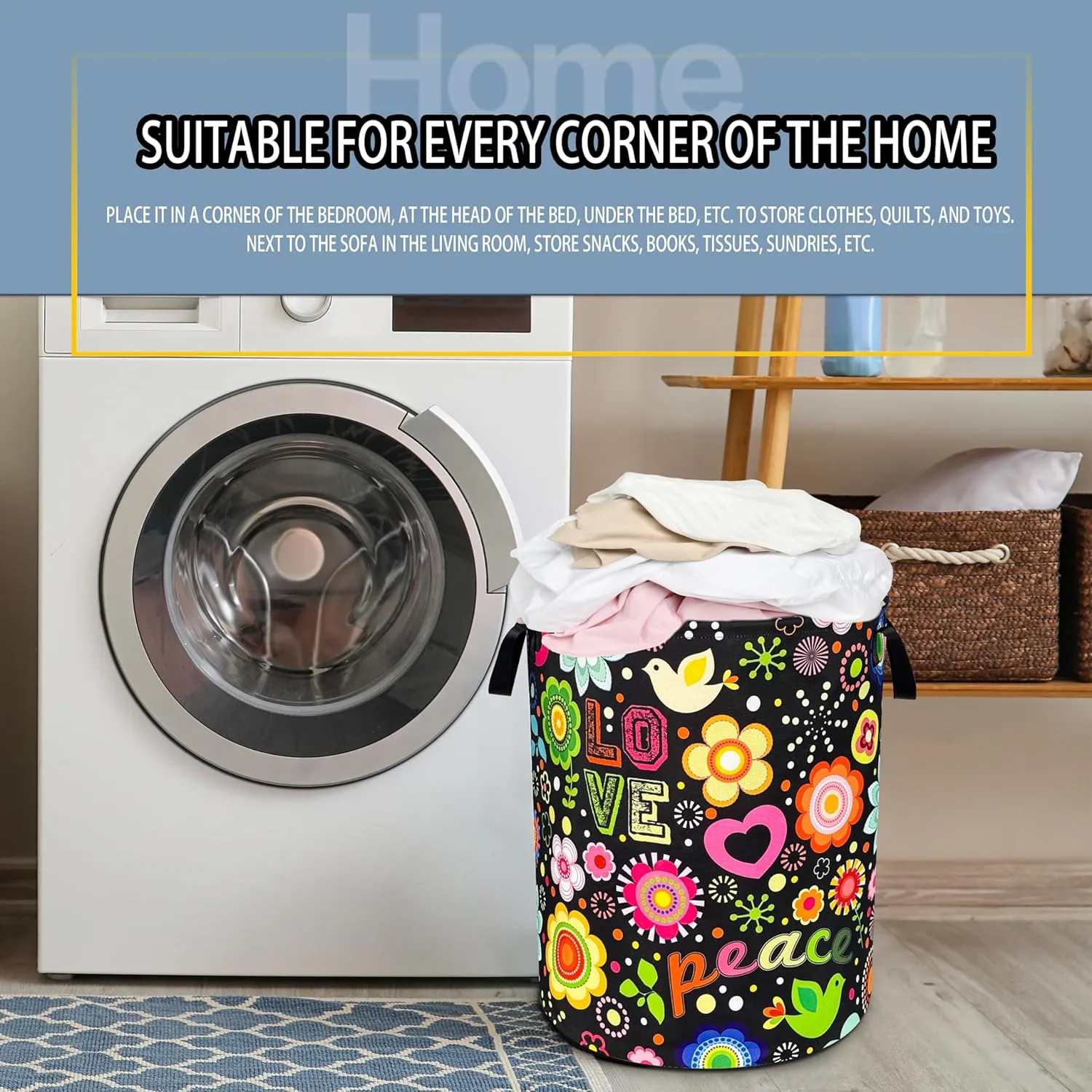 Peace Hippie Flower Laundry Basket Foldable Oxford Cloth Funny Tote Bag Laundry Hamper Clothes Storage Bucket Toy Organizer For Bathroom/Laundry Storage/Bedroom 18.9x16.5 Inch