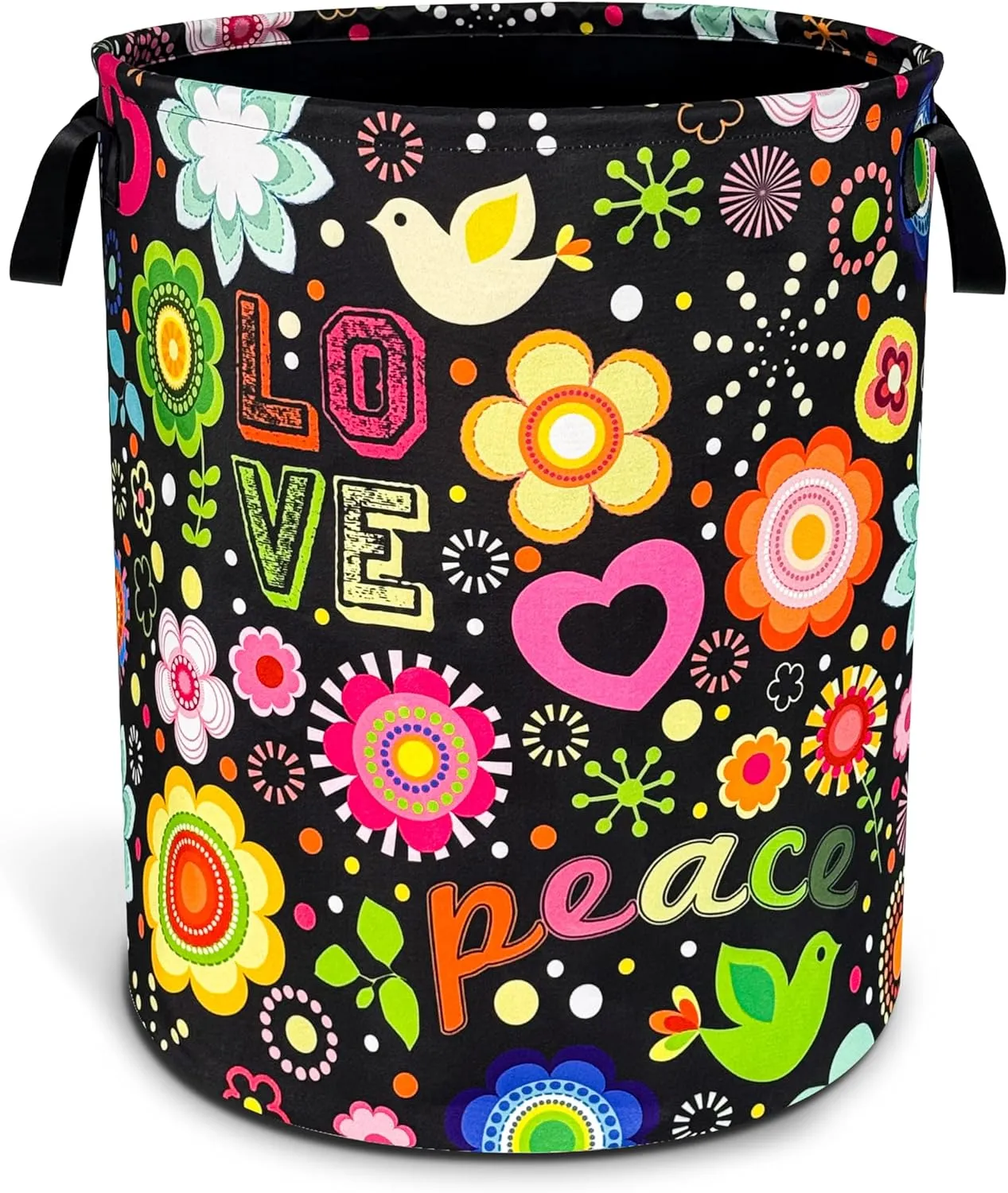 Peace Hippie Flower Laundry Basket Foldable Oxford Cloth Funny Tote Bag Laundry Hamper Clothes Storage Bucket Toy Organizer For Bathroom/Laundry Storage/Bedroom 18.9x16.5 Inch