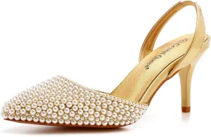 Pearl Slingback Heels for Women, Pointed Closed Toe Slip on Heeled Sandals Satin Stiletto Heel Evening Bridal Shoes for Wedding