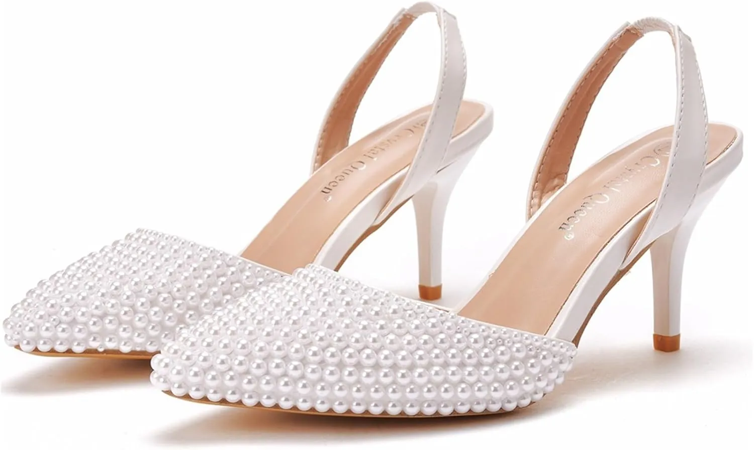 Pearl Slingback Heels for Women, Pointed Closed Toe Slip on Heeled Sandals Satin Stiletto Heel Evening Bridal Shoes for Wedding