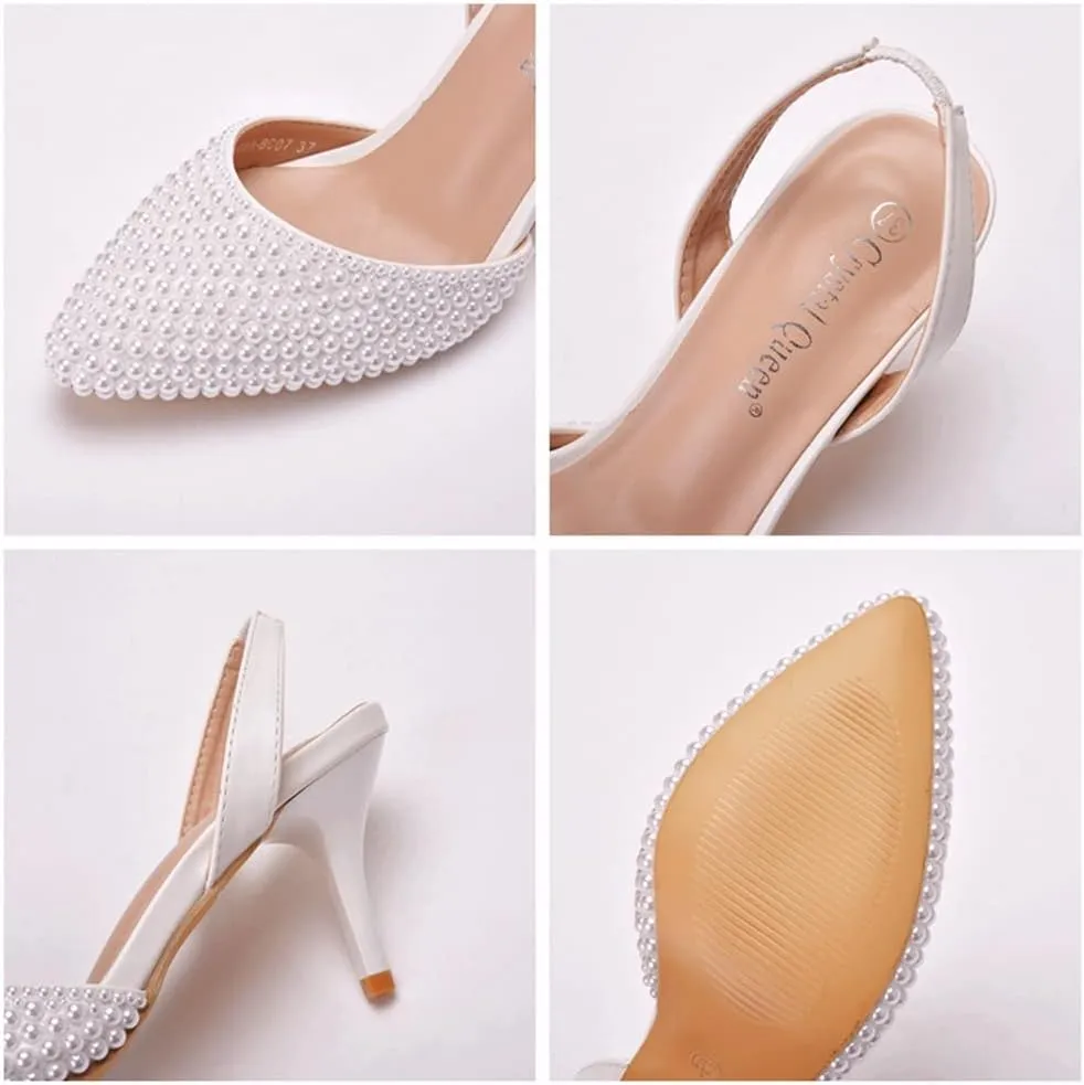 Pearl Slingback Heels for Women, Pointed Closed Toe Slip on Heeled Sandals Satin Stiletto Heel Evening Bridal Shoes for Wedding
