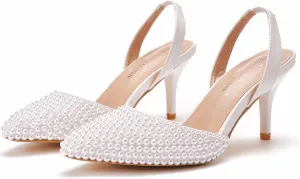 Pearl Slingback Heels for Women, Pointed Closed Toe Slip on Heeled Sandals Satin Stiletto Heel Evening Bridal Shoes for Wedding