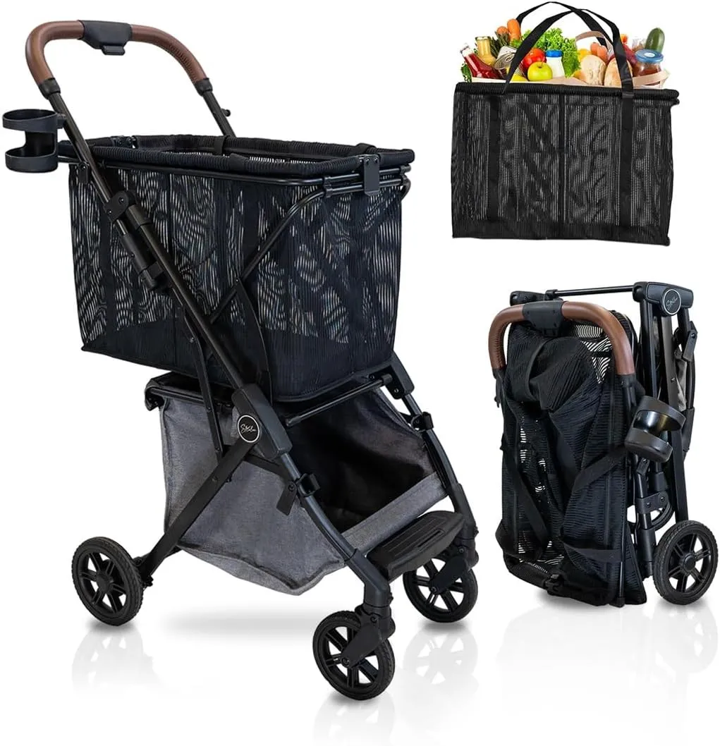 Personal Luxury Folding Shopping Cart On Premium Wheels – Ultra Lightweight Aluminum Frame – Removable Shopping Bag with Carry Strap & Lower Grocery Storage 75Lbs Capacity (Shadow v2)