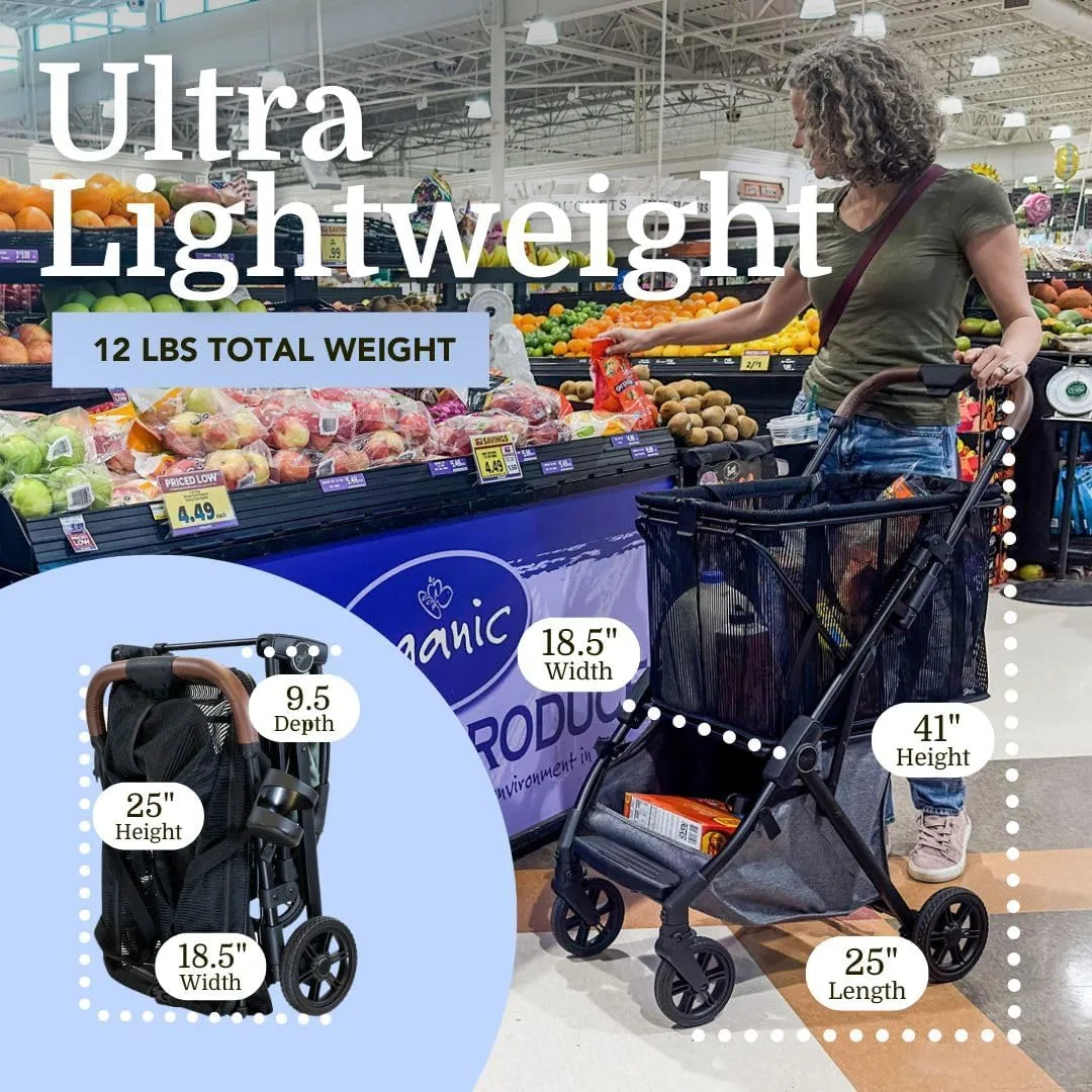 Personal Luxury Folding Shopping Cart On Premium Wheels – Ultra Lightweight Aluminum Frame – Removable Shopping Bag with Carry Strap & Lower Grocery Storage 75Lbs Capacity (Shadow v2)
