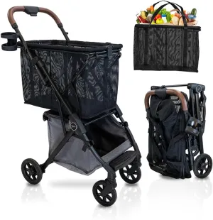 Personal Luxury Folding Shopping Cart On Premium Wheels – Ultra Lightweight Aluminum Frame – Removable Shopping Bag with Carry Strap & Lower Grocery Storage 75Lbs Capacity (Shadow v2)