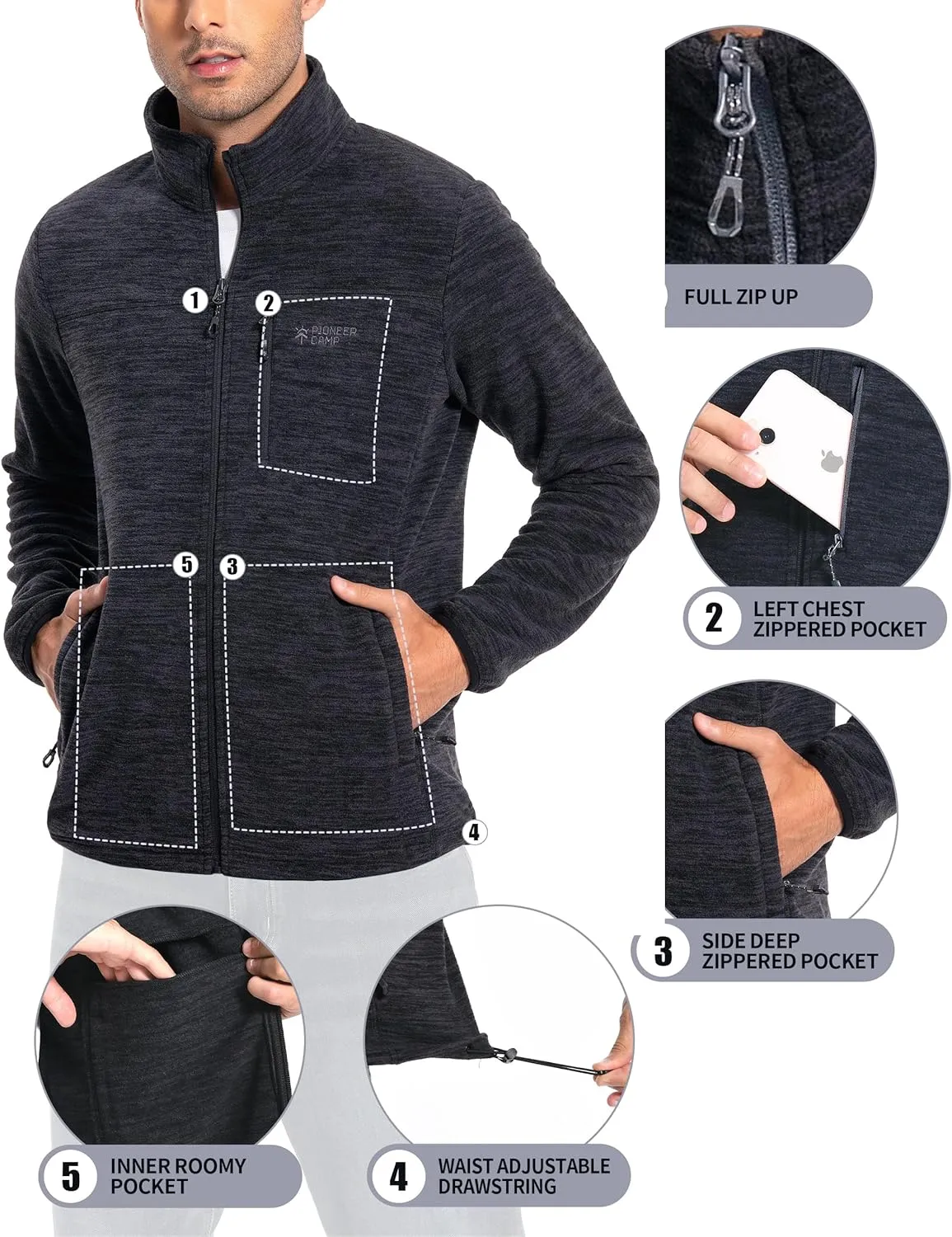 Pioneer Camp Men's Lightweight Polar Fleece Jacket Full Zip Antistatic Casual Coat Soft Warm Outwear with Zipper Pockets