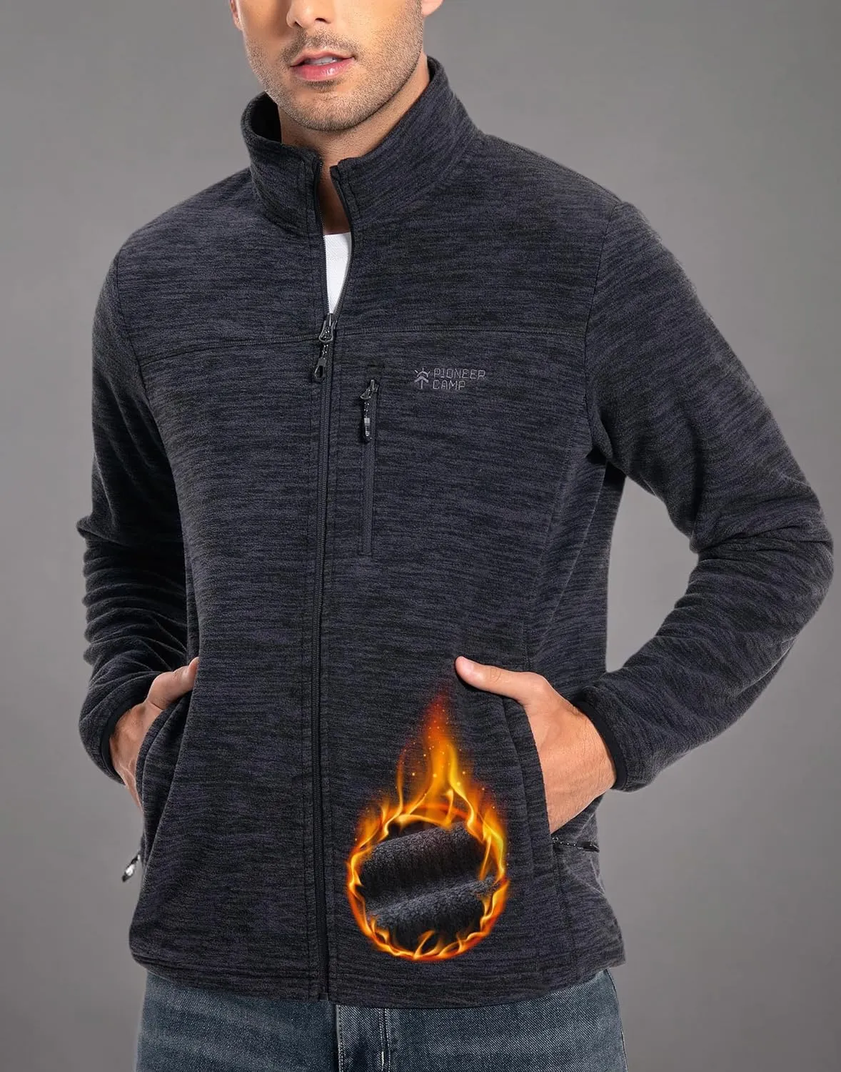 Pioneer Camp Men's Lightweight Polar Fleece Jacket Full Zip Antistatic Casual Coat Soft Warm Outwear with Zipper Pockets