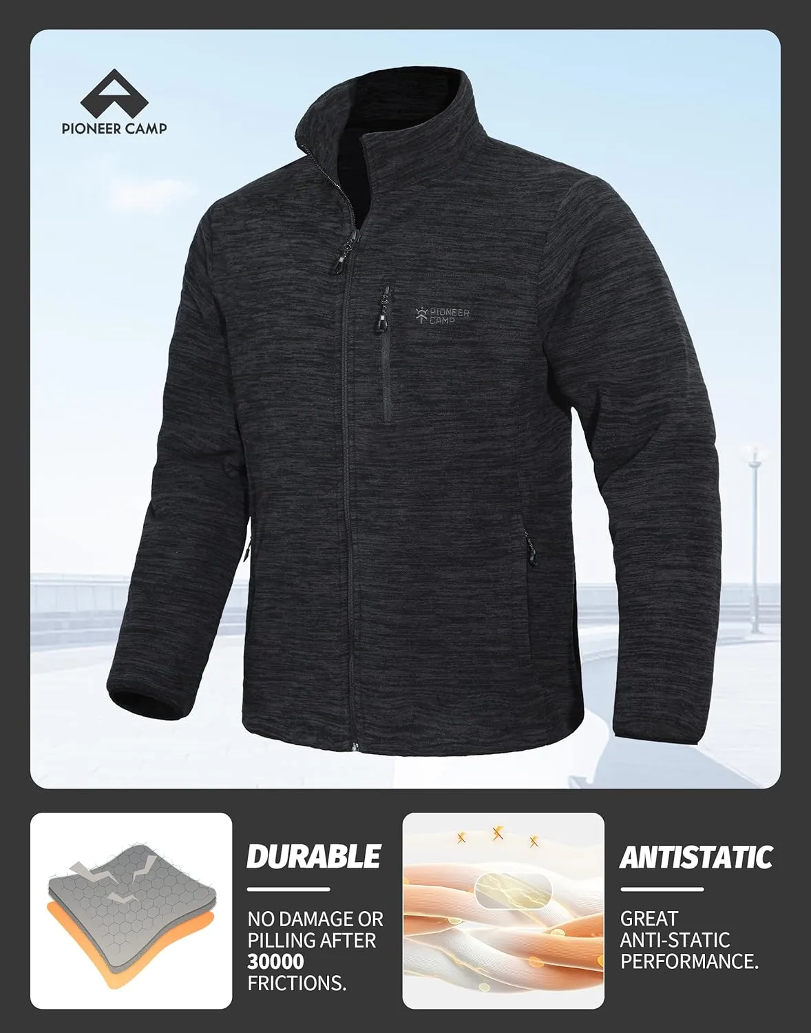 Pioneer Camp Men's Lightweight Polar Fleece Jacket Full Zip Antistatic Casual Coat Soft Warm Outwear with Zipper Pockets