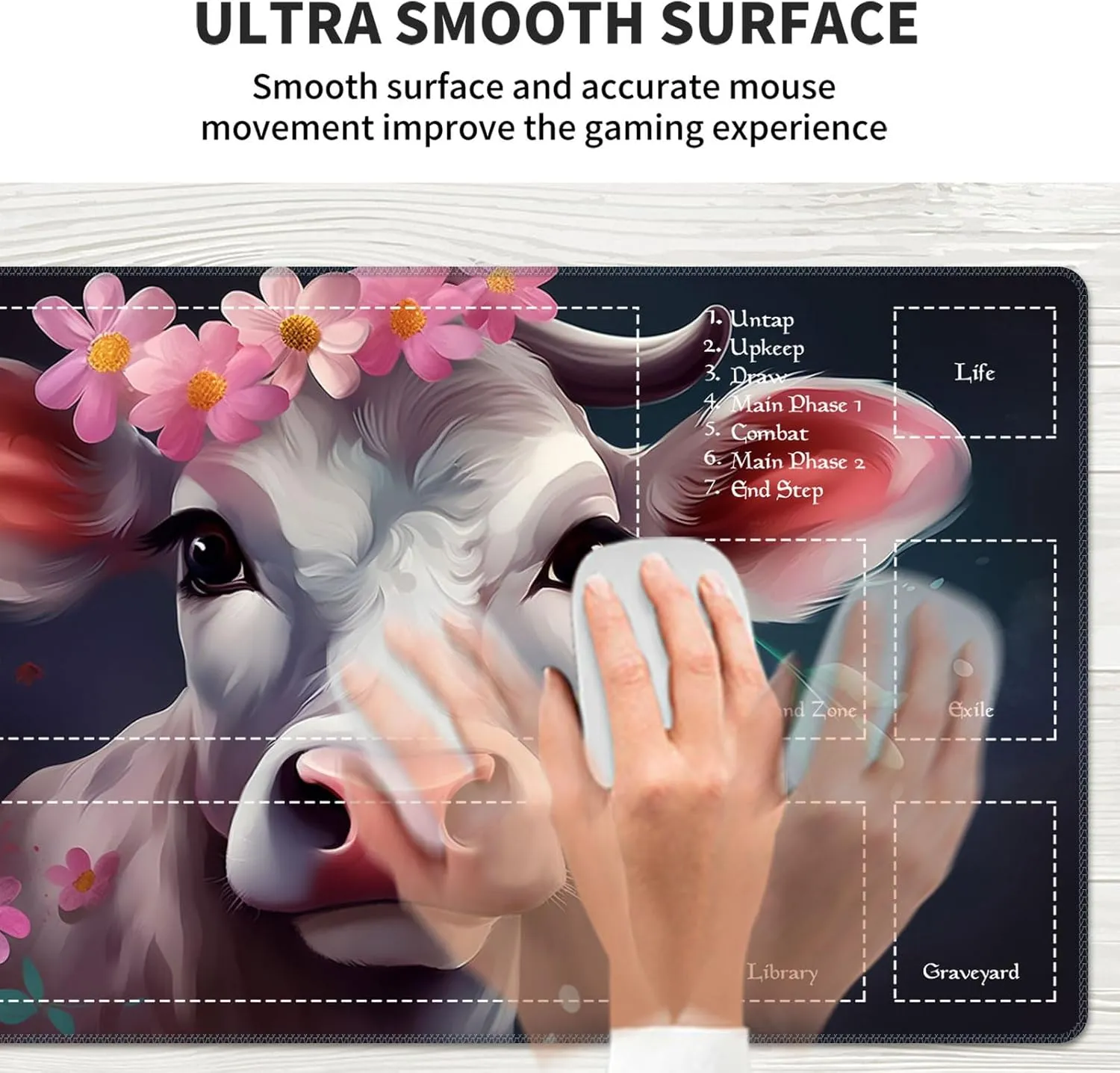 Playmat for MTG Magic Size 24x14 Inch Game Mats Tabletop Magic Play Mats,Premium Smooth Rubber Surface, Mousepad Compatible Qindaiwen for MTG RPG CCG Trading Card Game Play mats, Cow of Flower