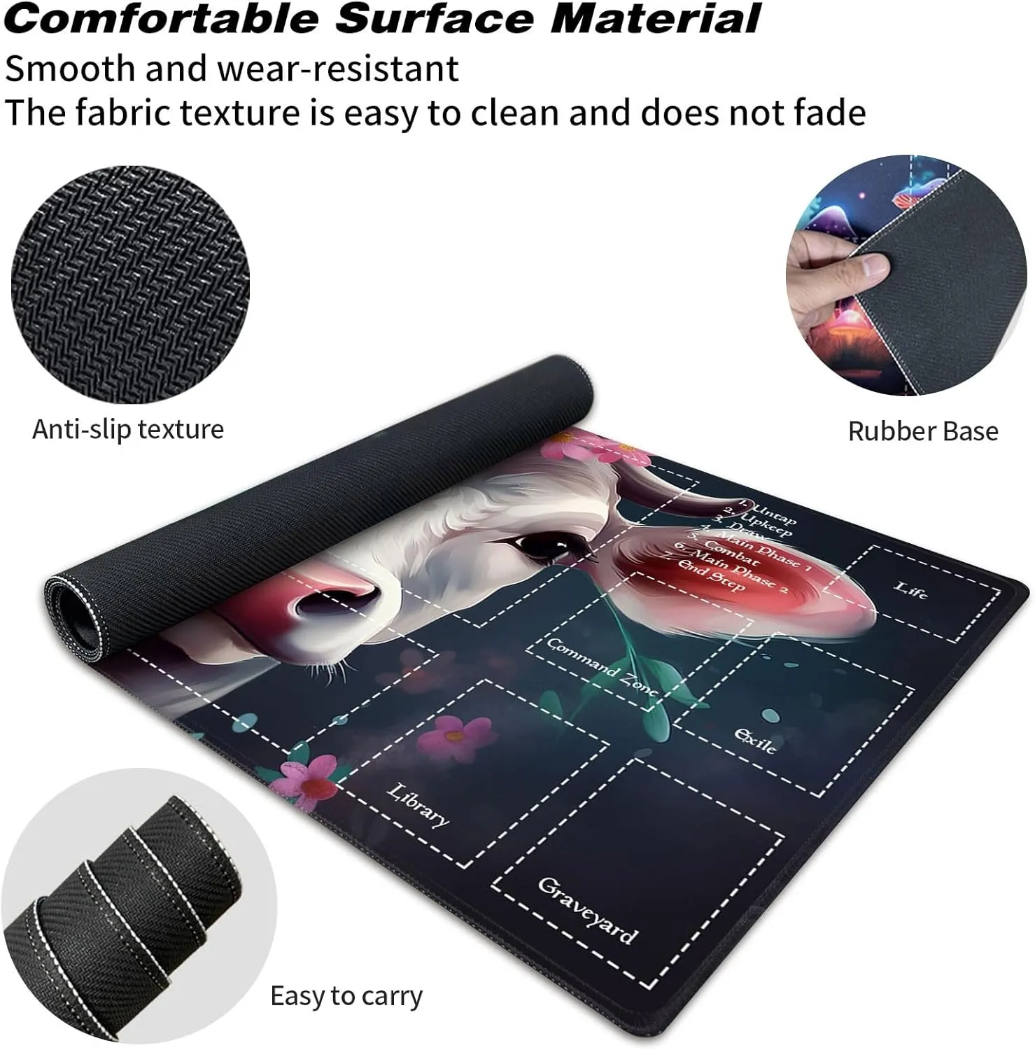 Playmat for MTG Magic Size 24x14 Inch Game Mats Tabletop Magic Play Mats,Premium Smooth Rubber Surface, Mousepad Compatible Qindaiwen for MTG RPG CCG Trading Card Game Play mats, Cow of Flower