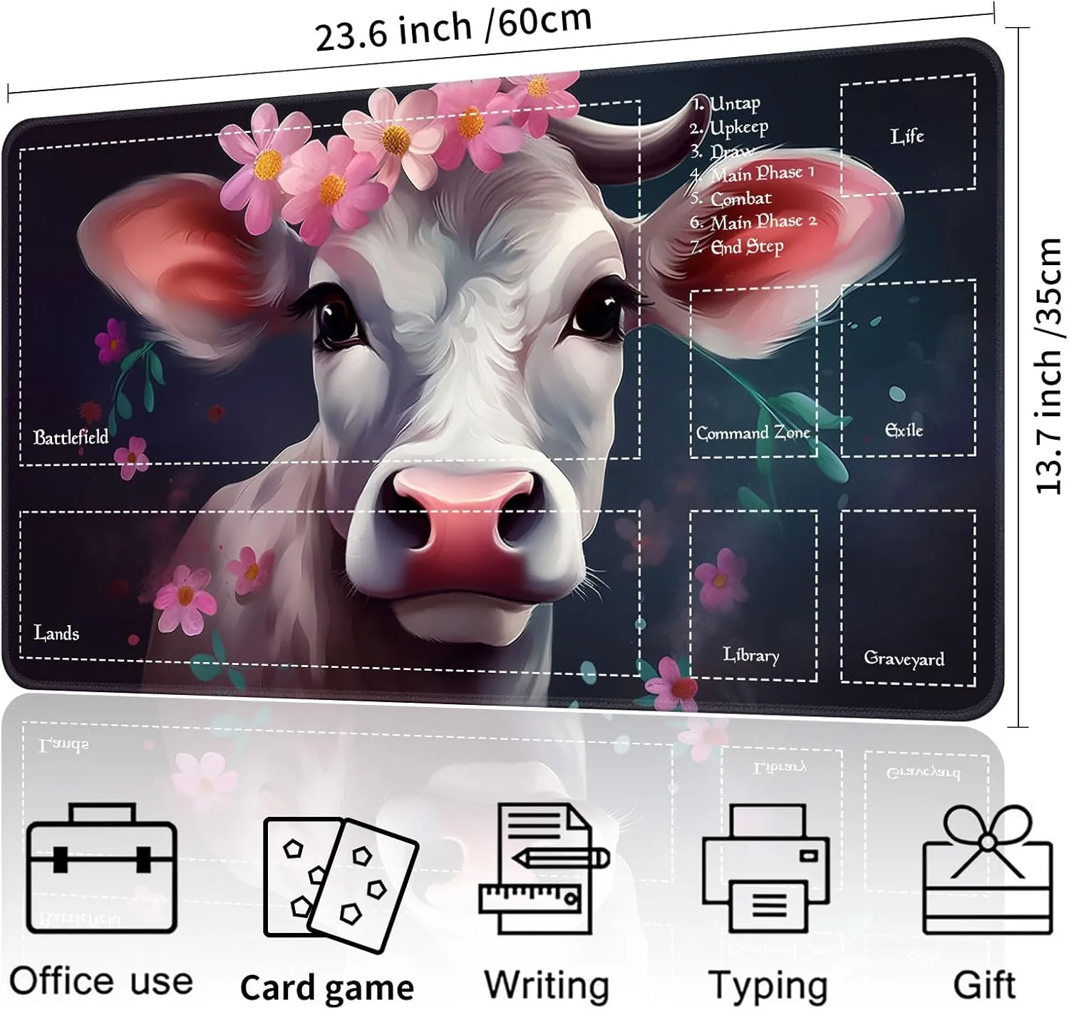Playmat for MTG Magic Size 24x14 Inch Game Mats Tabletop Magic Play Mats,Premium Smooth Rubber Surface, Mousepad Compatible Qindaiwen for MTG RPG CCG Trading Card Game Play mats, Cow of Flower