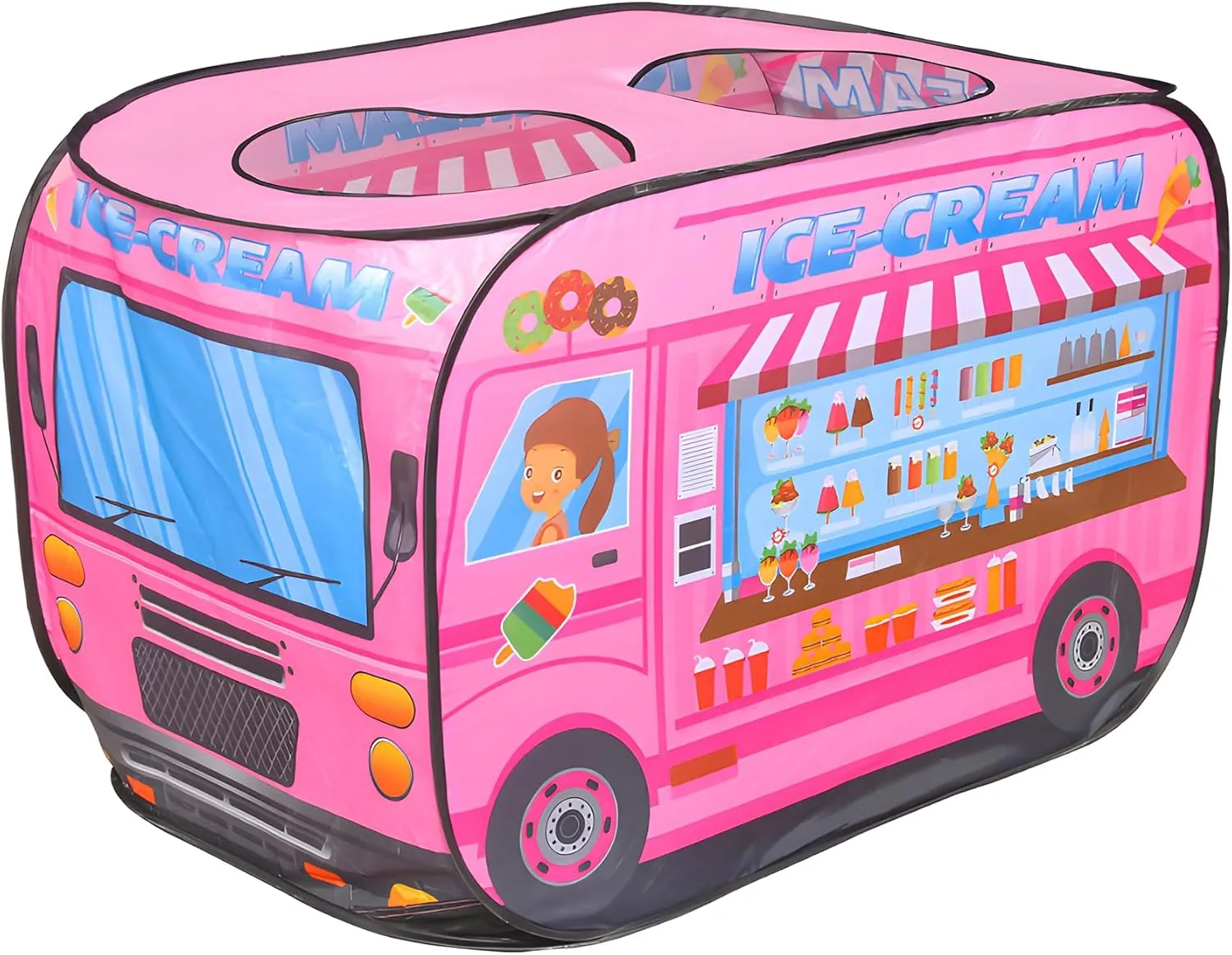 Pop Up Play Tent for Kids - Foldable Indoor & Outdoor Playhouse Vehicle Toys for Toddlers, Boys and Girls - 2 Openings, Flat-Folding for Compact Storage(Ice Cream Car,Pink)