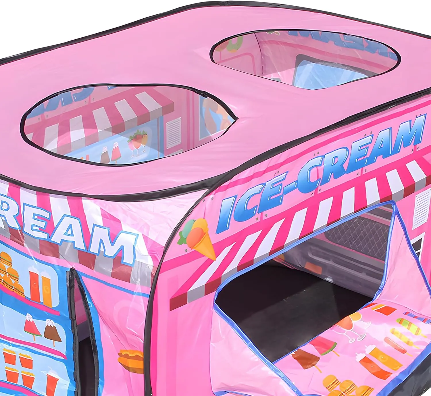 Pop Up Play Tent for Kids - Foldable Indoor & Outdoor Playhouse Vehicle Toys for Toddlers, Boys and Girls - 2 Openings, Flat-Folding for Compact Storage(Ice Cream Car,Pink)