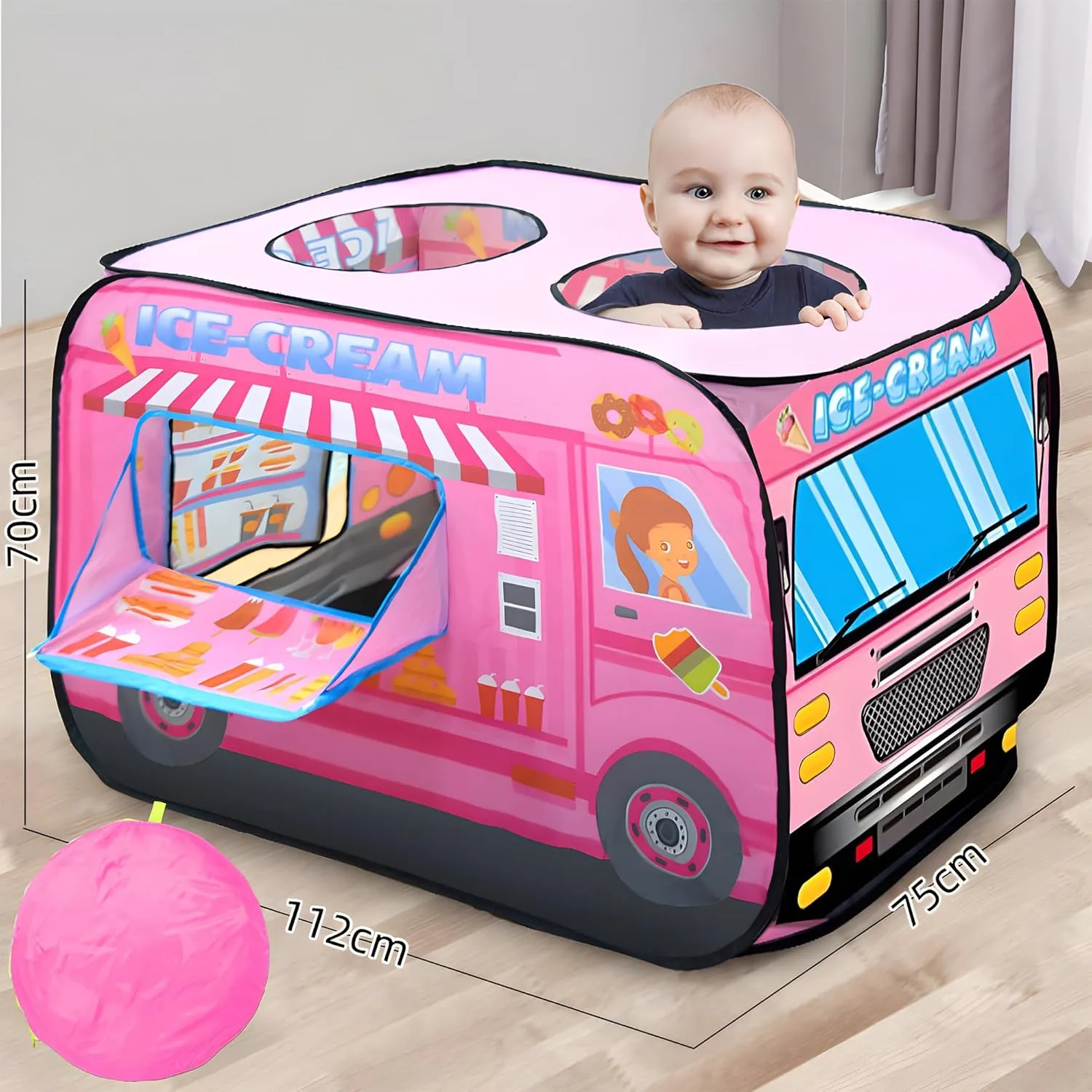 Pop Up Play Tent for Kids - Foldable Indoor & Outdoor Playhouse Vehicle Toys for Toddlers, Boys and Girls - 2 Openings, Flat-Folding for Compact Storage(Ice Cream Car,Pink)