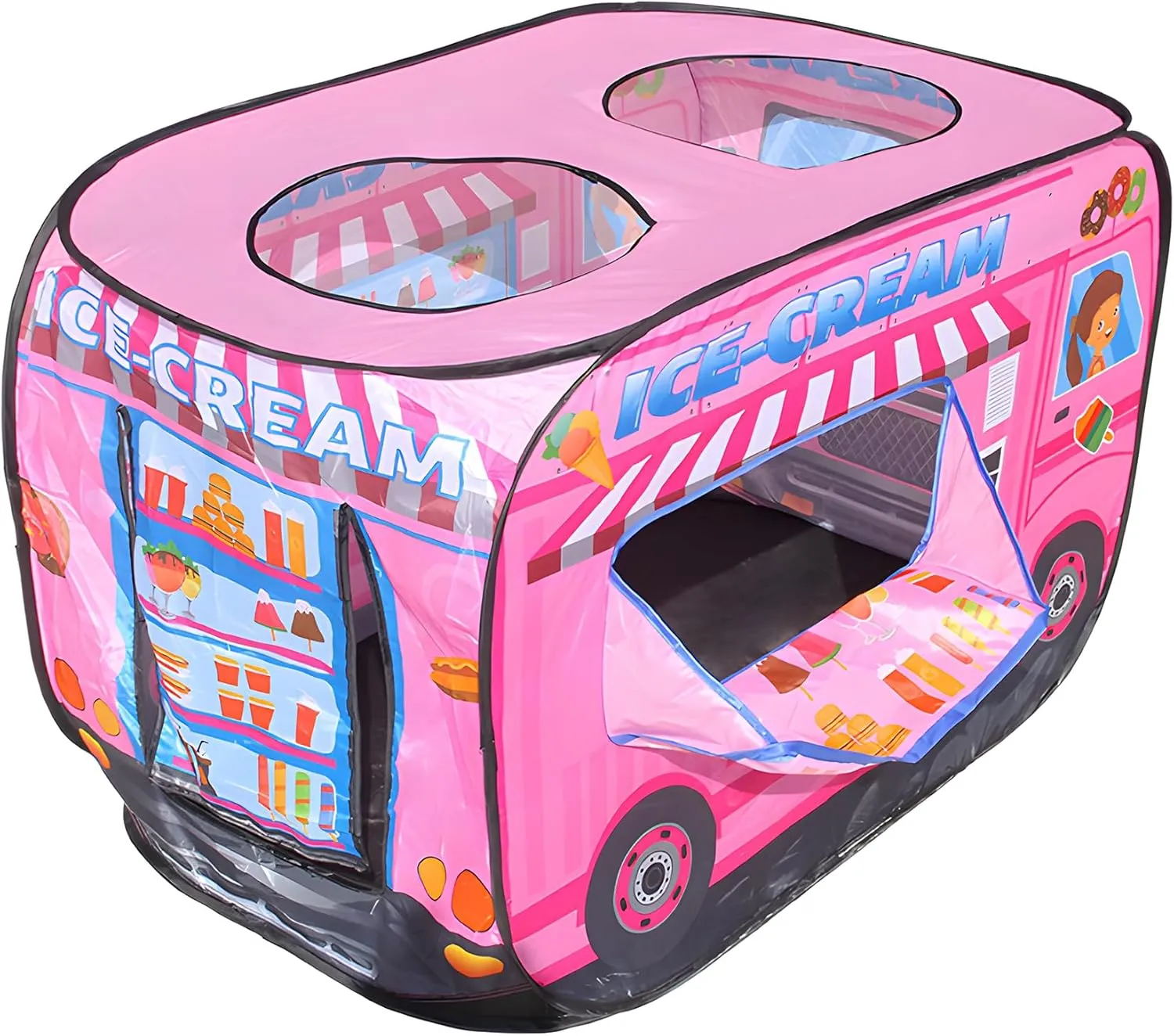 Pop Up Play Tent for Kids - Foldable Indoor & Outdoor Playhouse Vehicle Toys for Toddlers, Boys and Girls - 2 Openings, Flat-Folding for Compact Storage(Ice Cream Car,Pink)