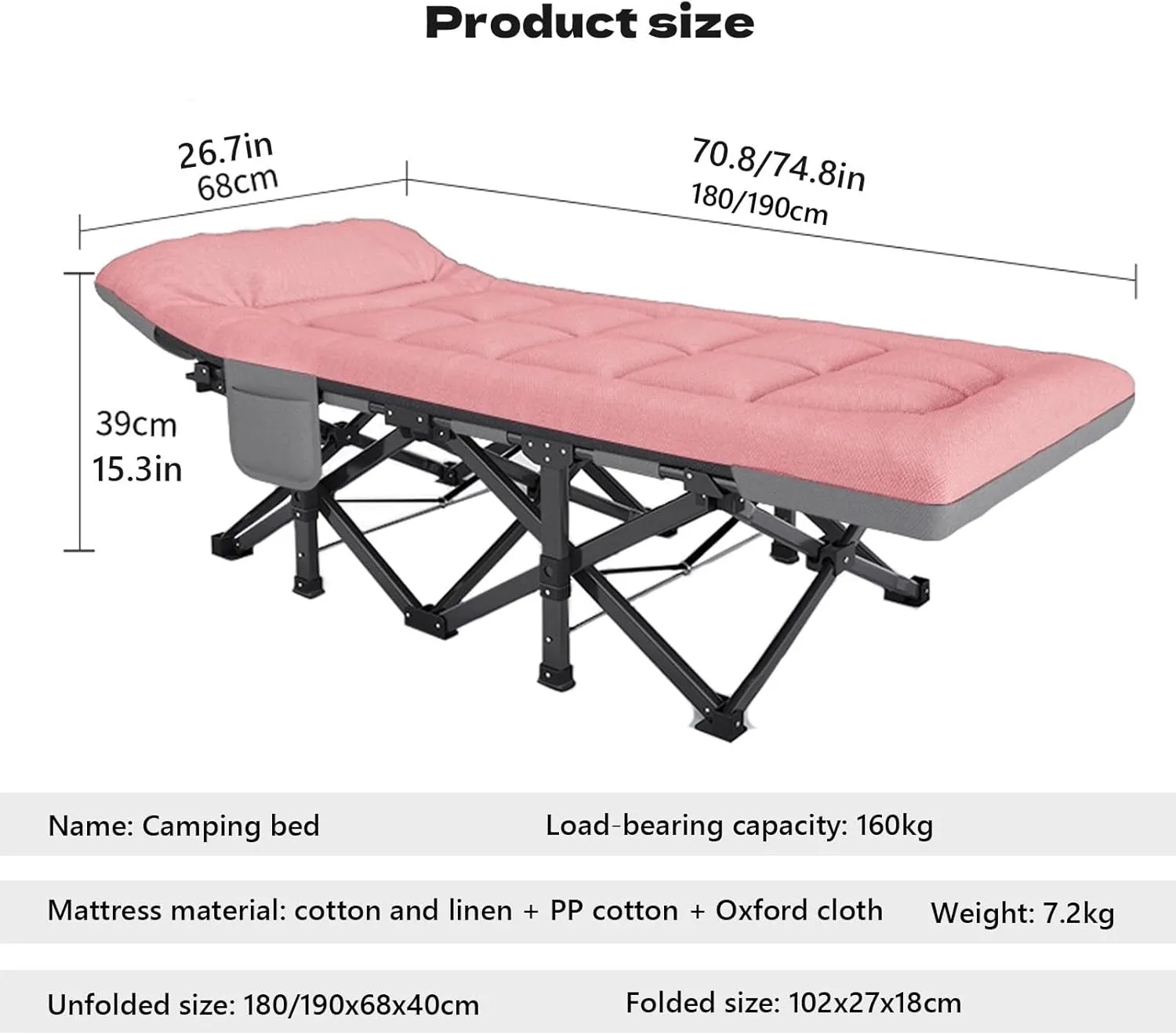 Portable Sleeping Bed Folding Camping Cot with Headrest Reclining Lounge Chairs for Traveling Office Use Outdoor, Supports 160kg(Pink,180x66x39cm)