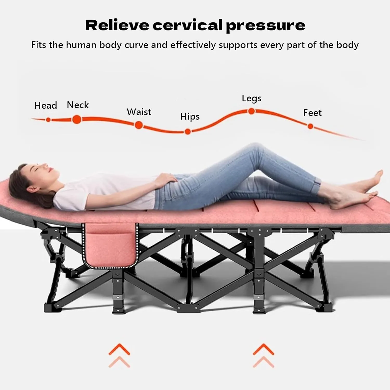 Portable Sleeping Bed Folding Camping Cot with Headrest Reclining Lounge Chairs for Traveling Office Use Outdoor, Supports 160kg(Pink,180x66x39cm)