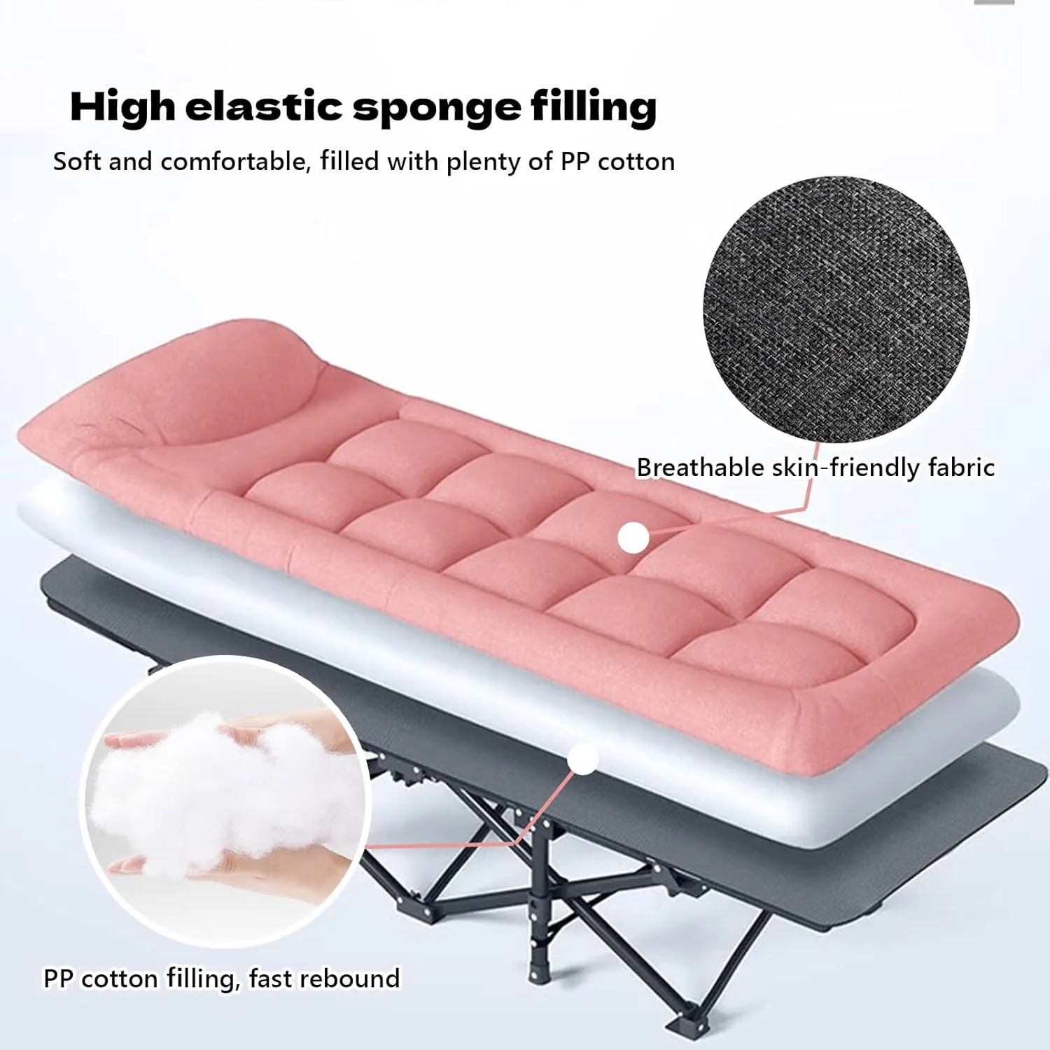 Portable Sleeping Bed Folding Camping Cot with Headrest Reclining Lounge Chairs for Traveling Office Use Outdoor, Supports 160kg(Pink,180x66x39cm)