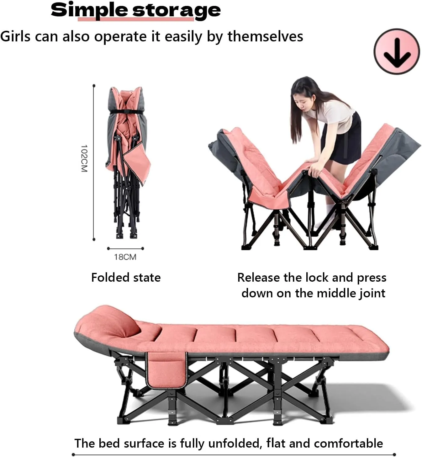 Portable Sleeping Bed Folding Camping Cot with Headrest Reclining Lounge Chairs for Traveling Office Use Outdoor, Supports 160kg(Pink,180x66x39cm)