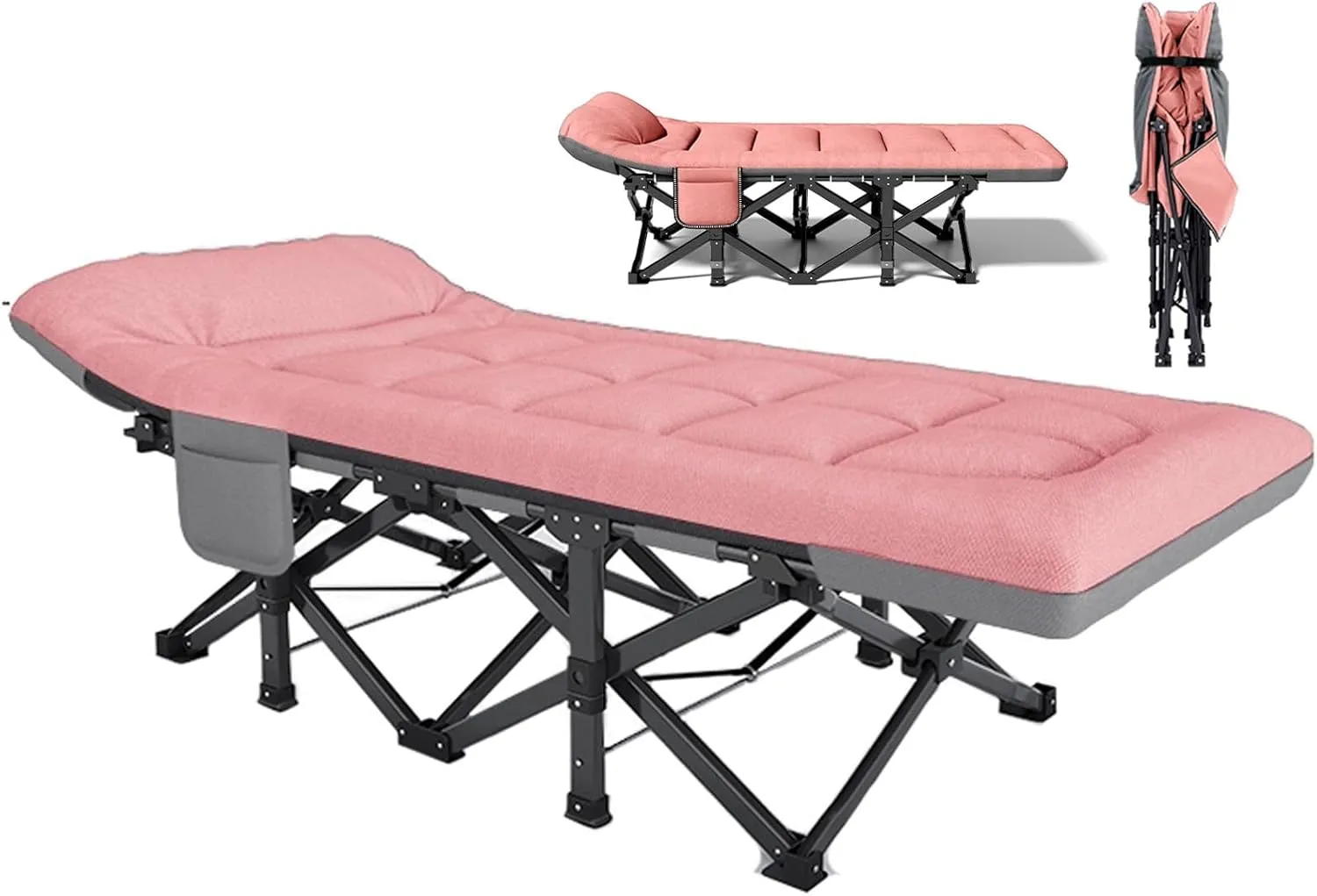 Portable Sleeping Bed Folding Camping Cot with Headrest Reclining Lounge Chairs for Traveling Office Use Outdoor, Supports 160kg(Pink,180x66x39cm)