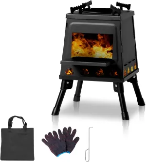 Portable Wood Burning Camp Stove for Outdoor Cooking – Foldable Alloy Steel Survival Stove with Carry Bag, Firewood Hook & Gloves, 10.6x10.6x13.4 Inches, 7.7 lbs (Black)