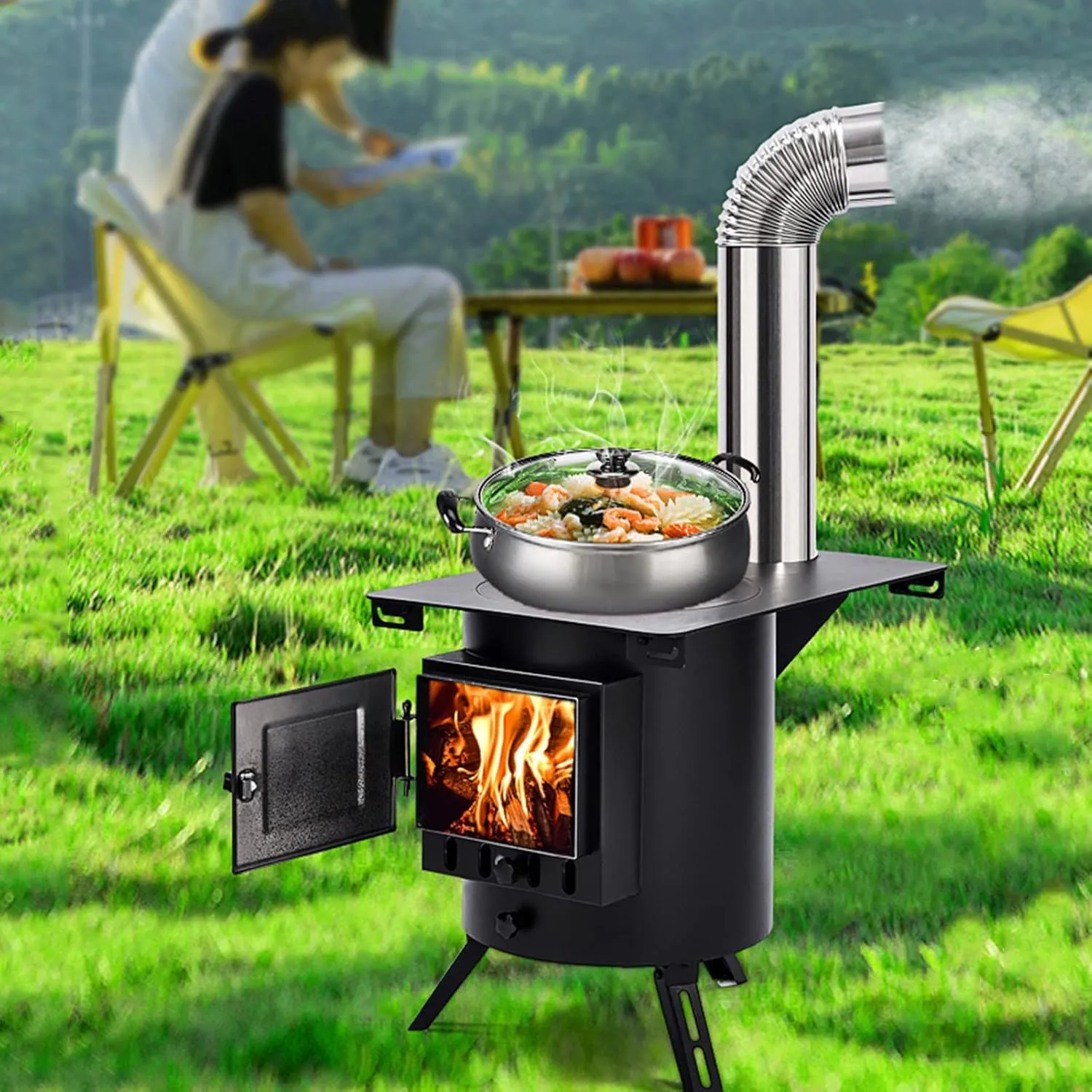 Portable Wood Stove Round, Outdoor Wood Burning Camping Stove Black, Tent Stove Chimney kit Heater, for Cooking Picnic BBQ, Large Area Heating (Color : A)