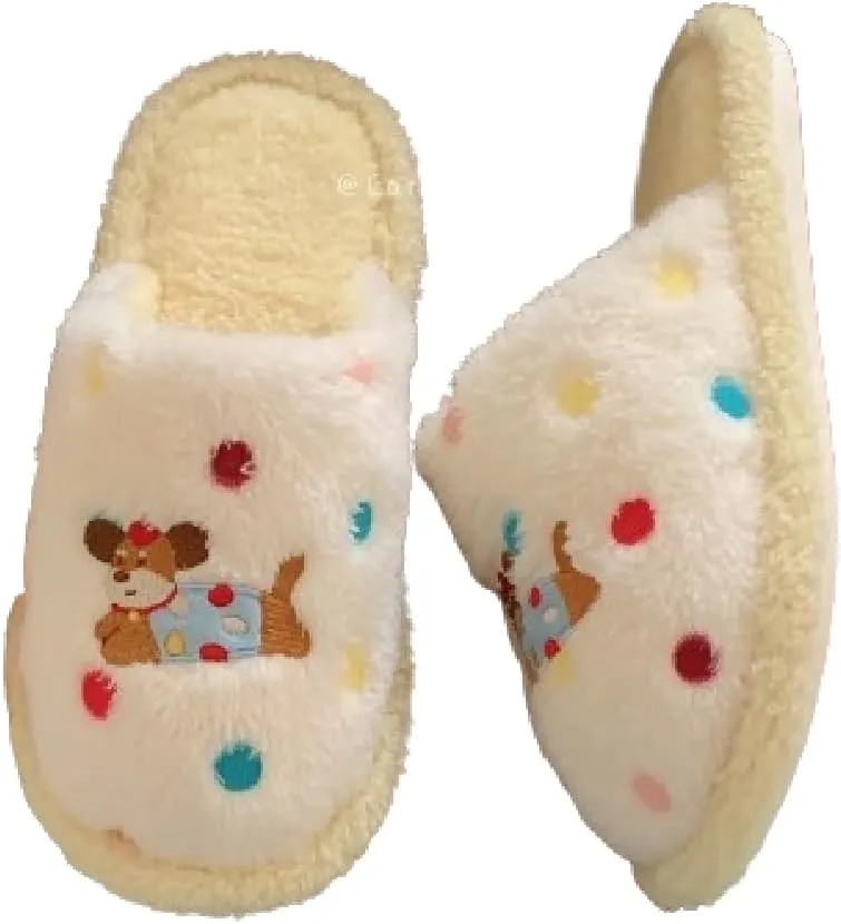 Premium Comfort Colorful Dot Cute Dog Thermal Non Slip Women's Fuzzy House Slippers Indoor Soft Warm Kawaii Home Shoes
