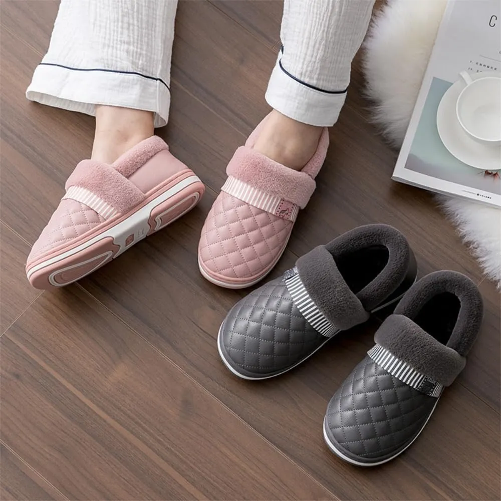 Premium Comfort Thermal Closed Back Leather Plaid Stripe Non Slip Women's Fuzzy House Slippers Indoor Soft Warm Shoes
