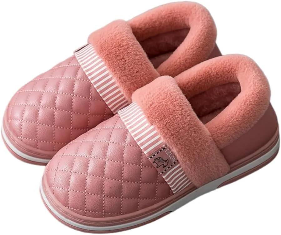 Premium Comfort Thermal Closed Back Leather Plaid Stripe Non Slip Women's Fuzzy House Slippers Indoor Soft Warm Shoes