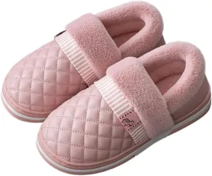 Premium Comfort Thermal Closed Back Leather Plaid Stripe Non Slip Women's Fuzzy House Slippers Indoor Soft Warm Shoes