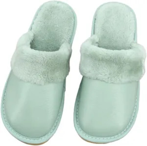 Premium Comfort Thermal Cowhide Leather Non Slip Women's Fuzzy House Slippers Indoor Soft Warm Shoes Furry Insole
