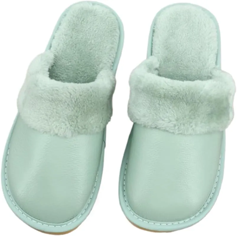 Premium Comfort Thermal Cowhide Leather Non Slip Women's Fuzzy House Slippers Indoor Soft Warm Shoes Furry Insole
