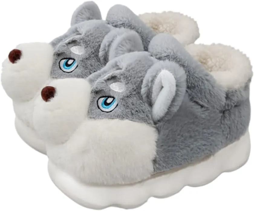 Premium Comfort Thermal Cute Siberian Husky Dog Non Slip Men's Fuzzy House Slippers Inddor Soft Warm Furry Shoes