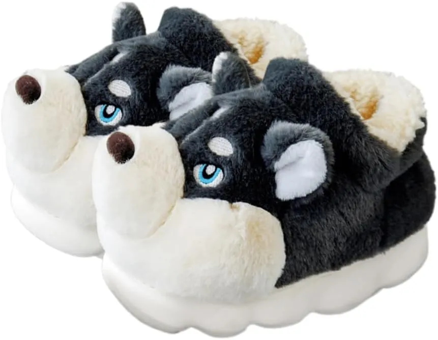 Premium Comfort Thermal Cute Siberian Husky Dog Non Slip Men's Fuzzy House Slippers Inddor Soft Warm Furry Shoes
