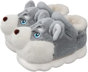 Premium Comfort Thermal Cute Siberian Husky Dog Non Slip Men's Fuzzy House Slippers Inddor Soft Warm Furry Shoes