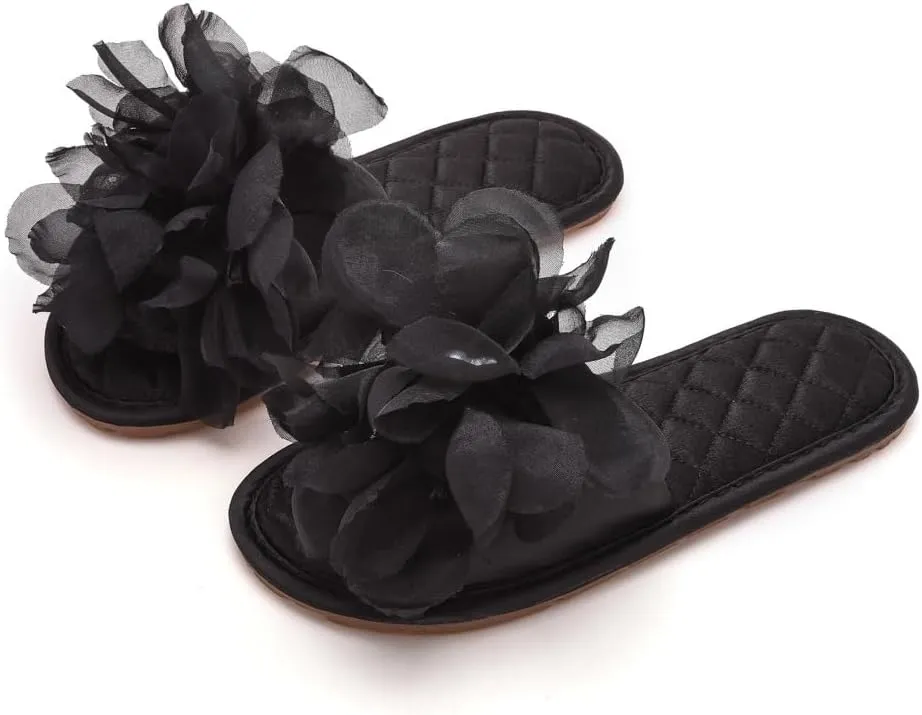 Premium Luxury Satin Silk All Seasons Comfort Lace Flowers Women's House Slippers Non Slip Indoor Soft Home Slip On Shoes