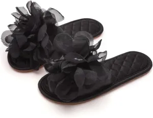 Premium Luxury Satin Silk All Seasons Comfort Lace Flowers Women's House Slippers Non Slip Indoor Soft Home Slip On Shoes