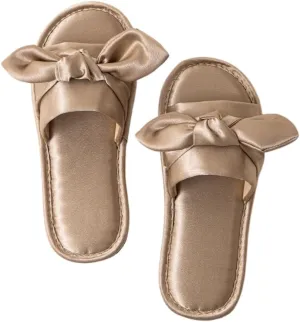 Premium Luxury Satin Silk All Seasons Comfort Ribbon Bow Women's House Slippers Non Slip Indoor Soft Home Slip On Shoes