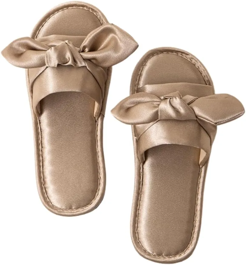Premium Luxury Satin Silk All Seasons Comfort Ribbon Bow Women's House Slippers Non Slip Indoor Soft Home Slip On Shoes