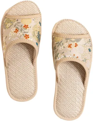 Premium Luxury Satin Silk Royal Flowers All Seasons Comfort Women's House Linen Slippers Indoor Soft Home Slip On Shoes