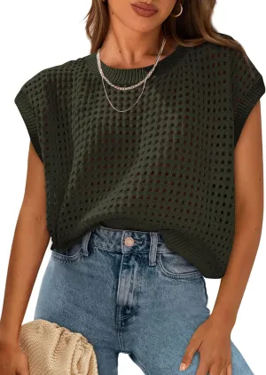 PRETTYGARDEN Womens Spring Tops 2025 Summer Shirts Crochet Cap Sleeve Sweater Pullover Cute Beach Vacation Clothes