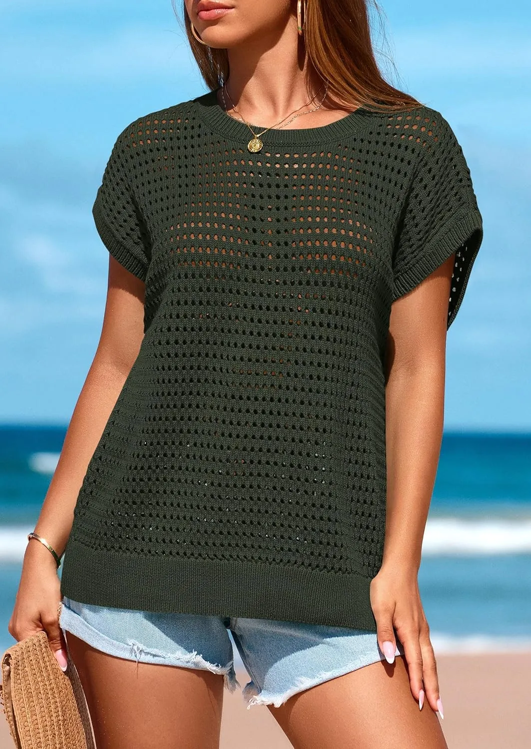 PRETTYGARDEN Womens Spring Tops 2025 Summer Shirts Crochet Cap Sleeve Sweater Pullover Cute Beach Vacation Clothes